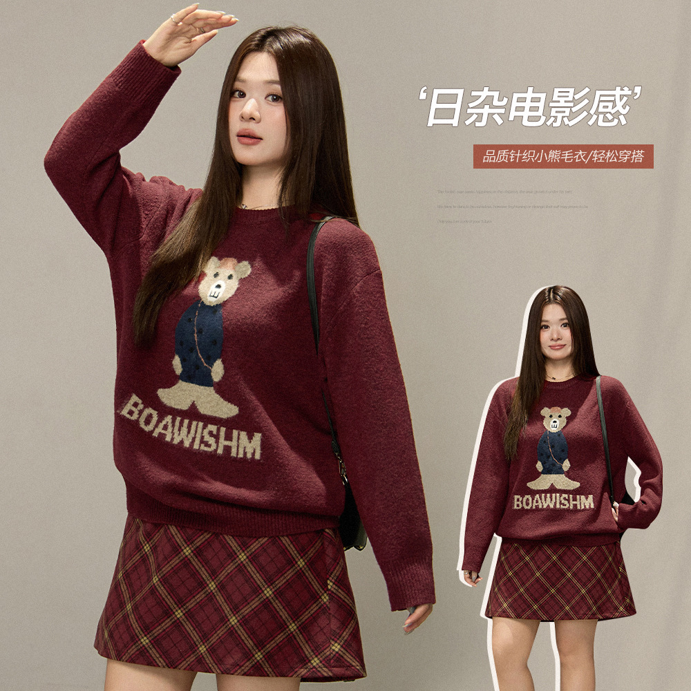 韩系撞色小熊圆领针织毛衣秋冬款胖mm大码女装宽松显瘦上衣65501