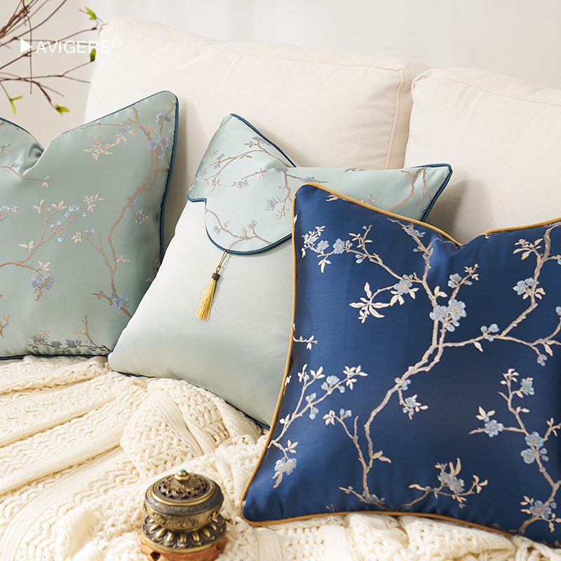 新中式沙发抱枕客厅靠背提花蓝色靠枕卧室床头靠垫抱枕套不含芯