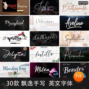 飘逸手写英文字体纤细连笔体婚礼海报贺卡花体艺术签名logo水印PS