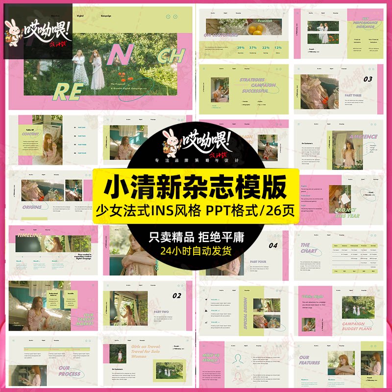 轻奢少女情怀法式粉色ins风小清新课件简历答辩作品集杂志PPT模板