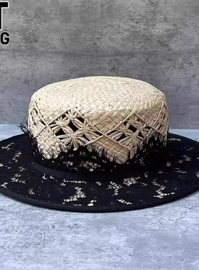 香港I.Tgreg女士手编拉菲草平顶帽复古蕾丝草编赫本风防晒遮阳帽