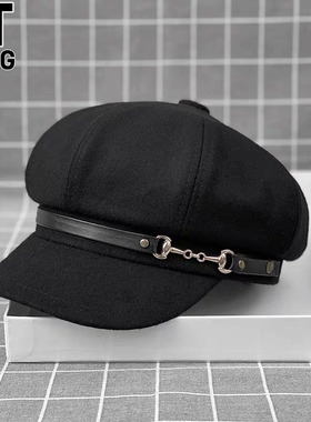 香港I.Tgreg秋冬羊毛呢八角帽女百搭金属扣贝雷帽休闲报童帽子潮