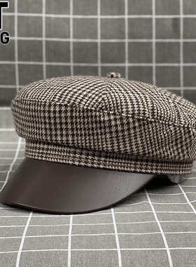 香港I.Tgreg百搭羊毛呢千鸟格八角帽子女休闲贝雷帽秋冬鸭舌帽潮