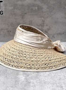 香港I.Tgreg女士镂空拉菲草帽大沿飘带蝴蝶结帽沙滩防晒遮阳帽子