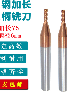 钨钢粗柄D6铣刀4刃6柄平底铣刀柄径6mm 1.5 2 3 4 5 75长100长