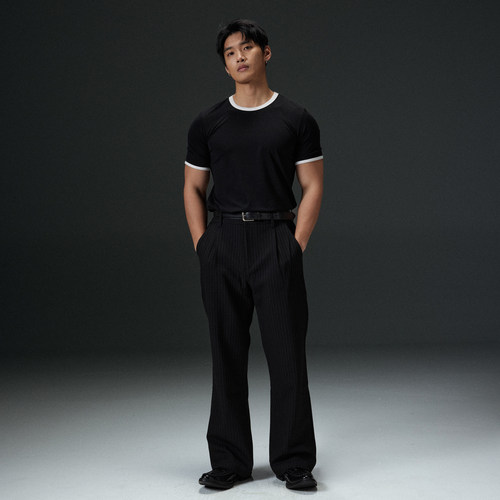 AFTERGLOW男装撞色罗纹修身通勤TEE 显大复古健身高弹百搭短袖