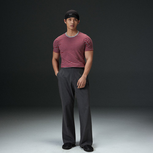 AFTERGLOW春夏正肩收袖口棉感条纹短袖 修身显大健身通勤男装TEE