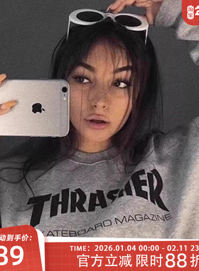 断码特价THRASHER美版火焰字母LOGO圆领上衣加绒情侣潮牌滑板卫衣