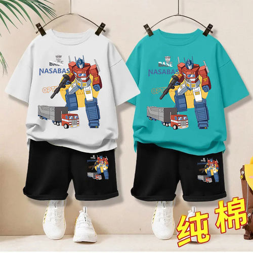 男童纯棉短袖套装变形金刚两件套