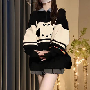 vintage秋冬慵懒风宽松情侣大码 300斤外套黑色加绒polo领卫衣男女