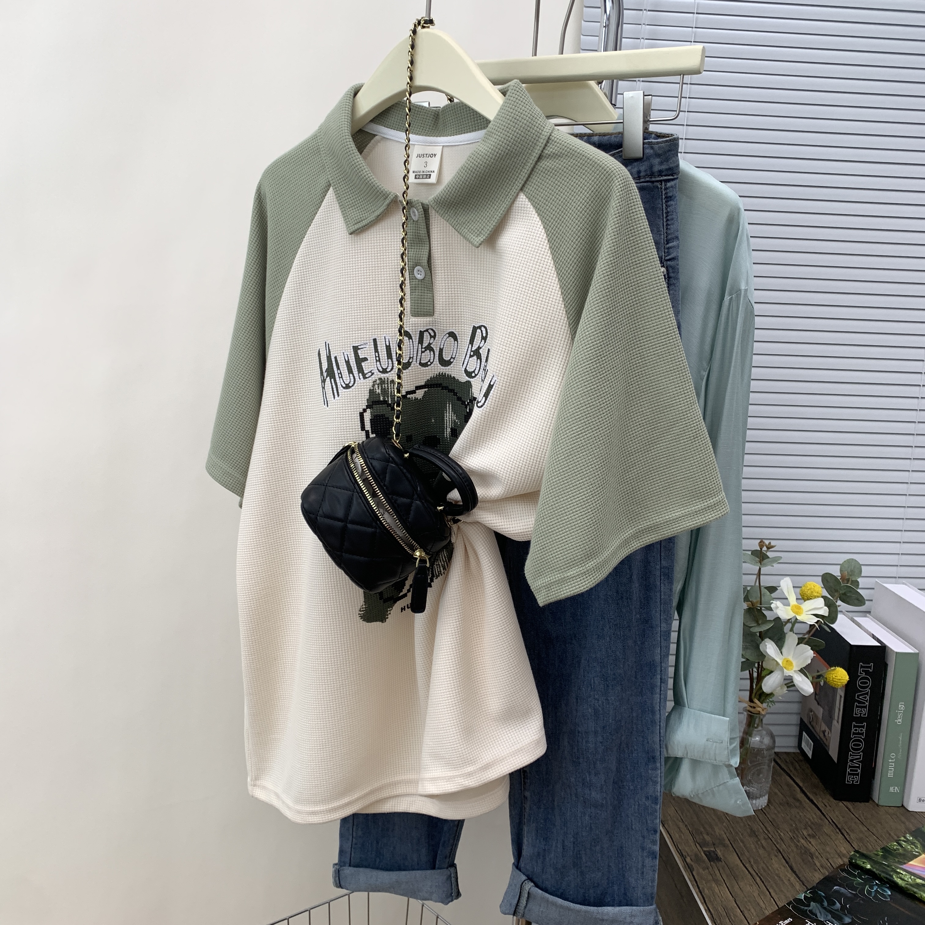 原创220g华夫格重工后包领抖音天猫品质 情侣plot领印花短袖T恤