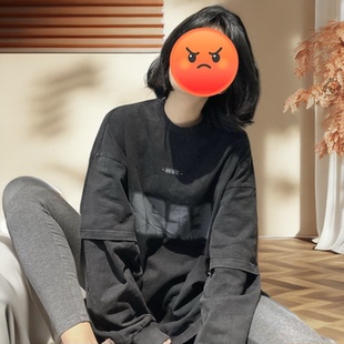 时尚 新款 卫衣大码 复古做旧宽松长袖 印花假两件潮流百搭上衣 美式