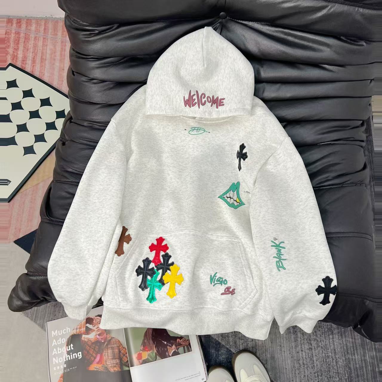 秋冬季时尚贴皮十字架宽松连帽卫衣大码300斤加绒慵懒风百搭外套