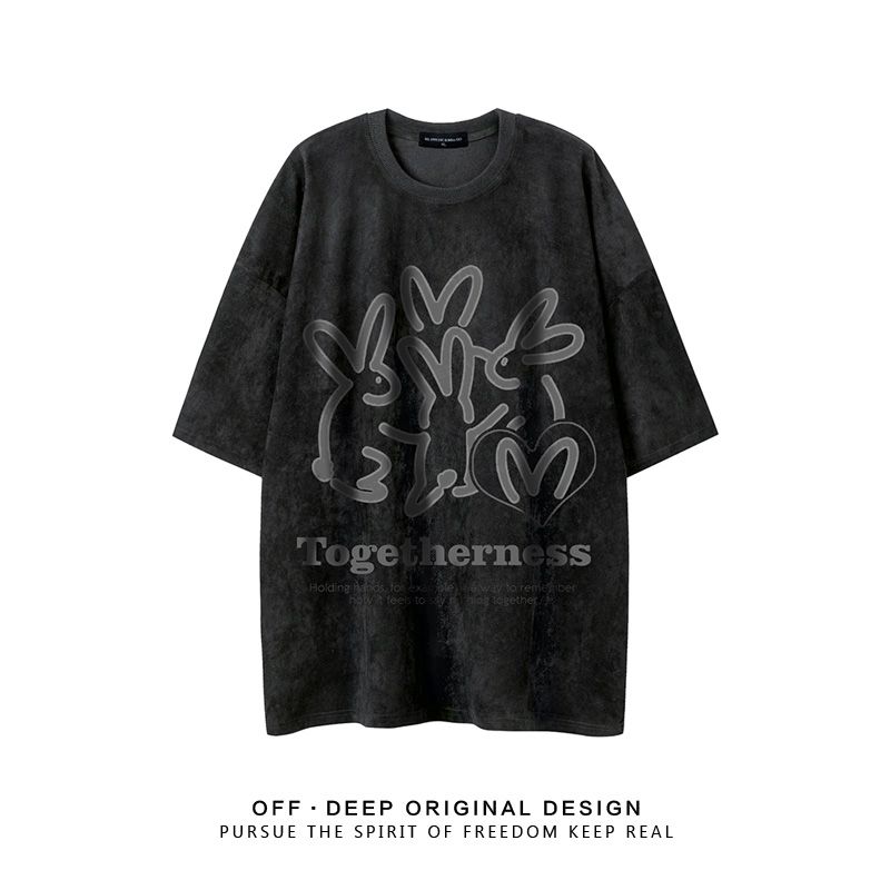 夏季日系麂皮绒兔子印花短袖T恤男女宽松ins百搭圆领大码体恤衫潮