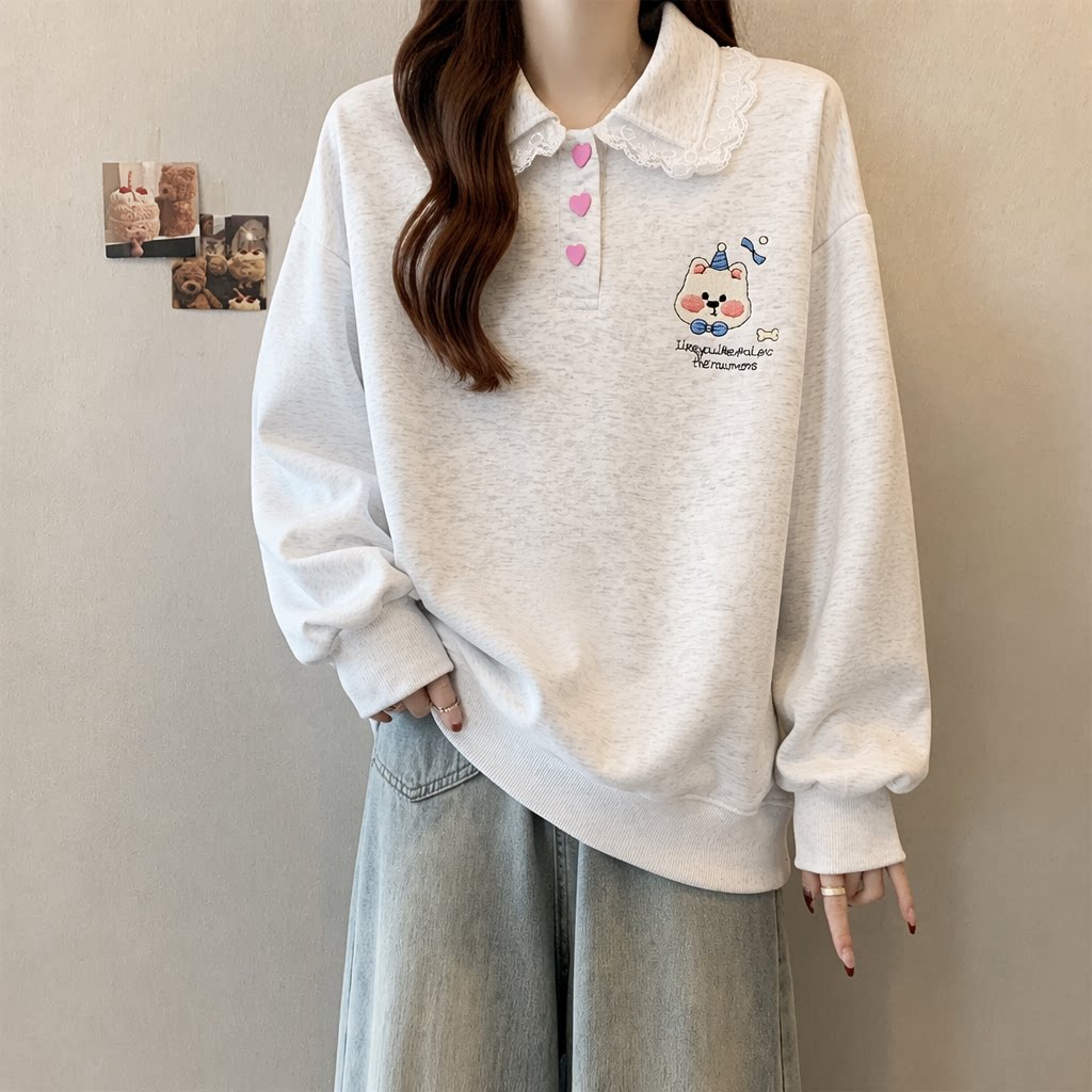 日系甜美蕾丝拼接翻领设计感大码胖mm宽松卫衣女印花卡通洋气上衣