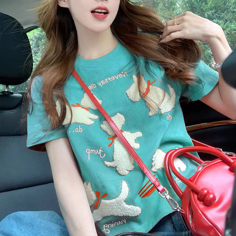 多巴胺螺纹大码卡通可爱小狗毛巾绣短袖t恤女小众设计感短款上衣