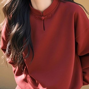 特大码新年战袍国风设计酒红色盘扣卫衣男女秋冬款加绒情侣装上衣