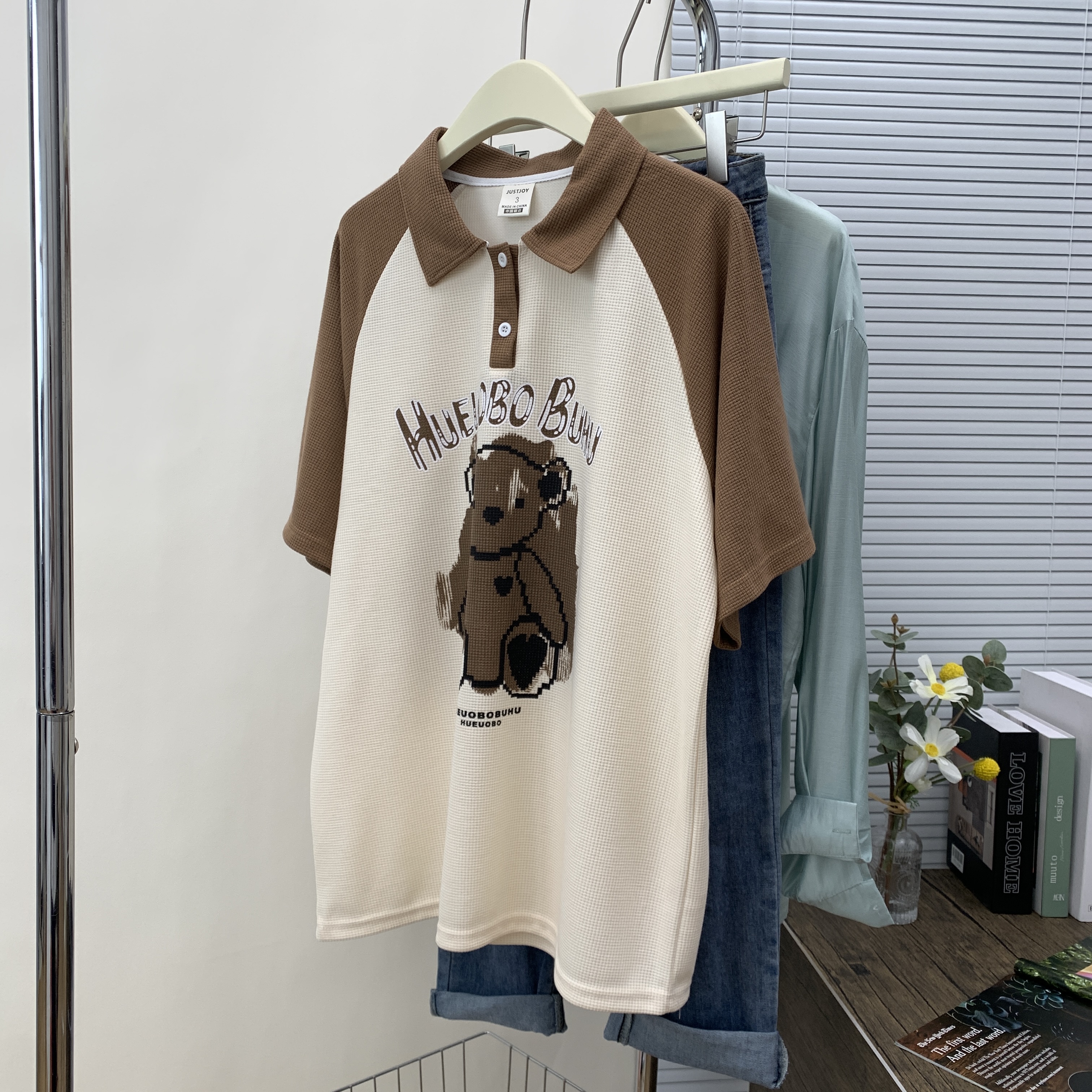 原创220g华夫格重工后包领抖音天猫品质 情侣plot领印花短袖T恤