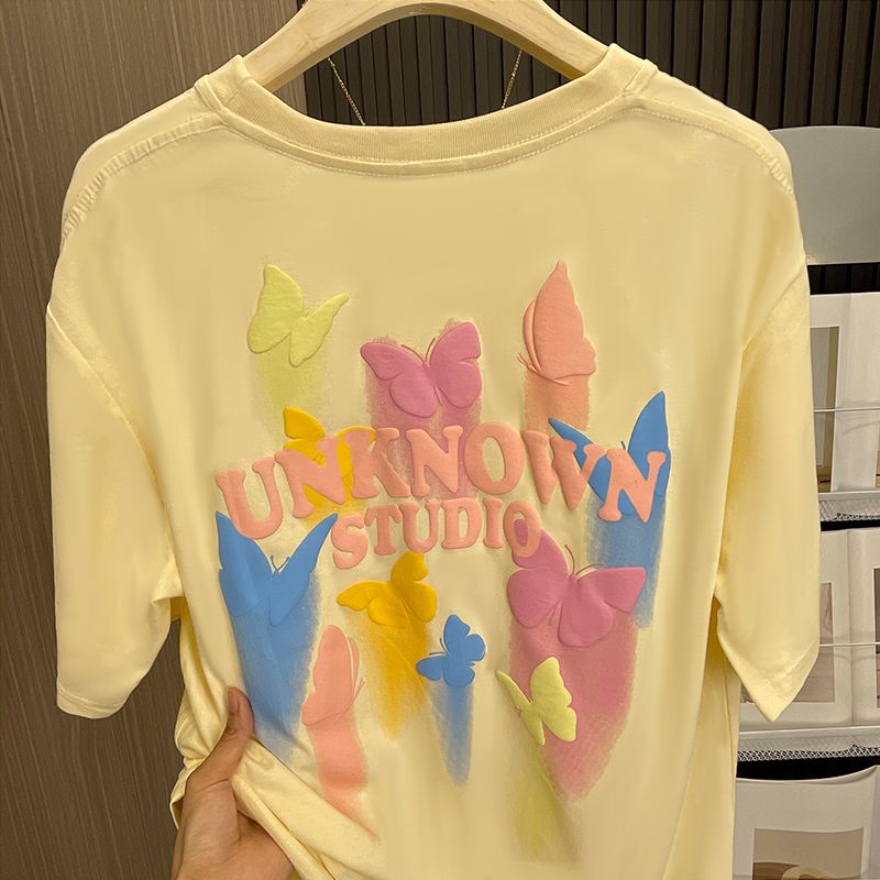 原创21支210g精梳纯棉夏季设计感蝴蝶发泡甜美小众宽松情侣上衣