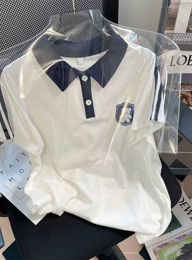 polo衫日系学院风复古条纹小熊短袖t恤男女大码300斤学院情侣上衣