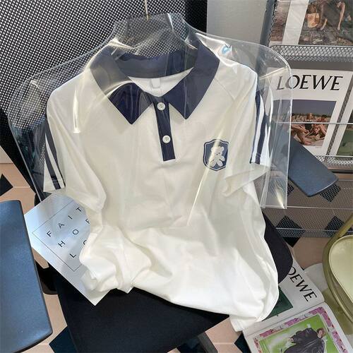 polo衫日系学院风复古条纹小熊短袖t恤男女大码300斤学院情侣上衣