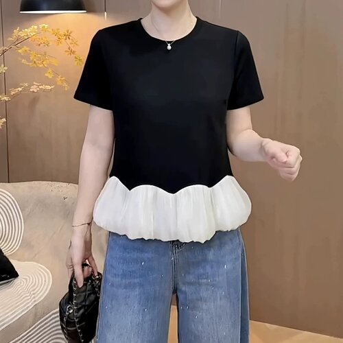2026新款95棉5氨纶洋气法式短袖T恤女休闲大码女装拼接个性上衣