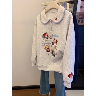 时尚 新款 娃娃领减龄上衣 大码 日系甜美刺绣卡通洋气宽松卫衣秋季