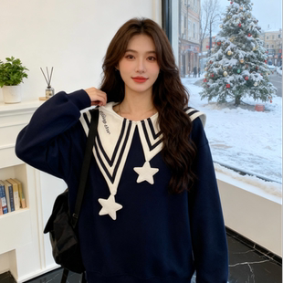 大码300斤洋气潮流减龄海军领卫衣宽松胖mm显瘦学院风上衣潮加绒