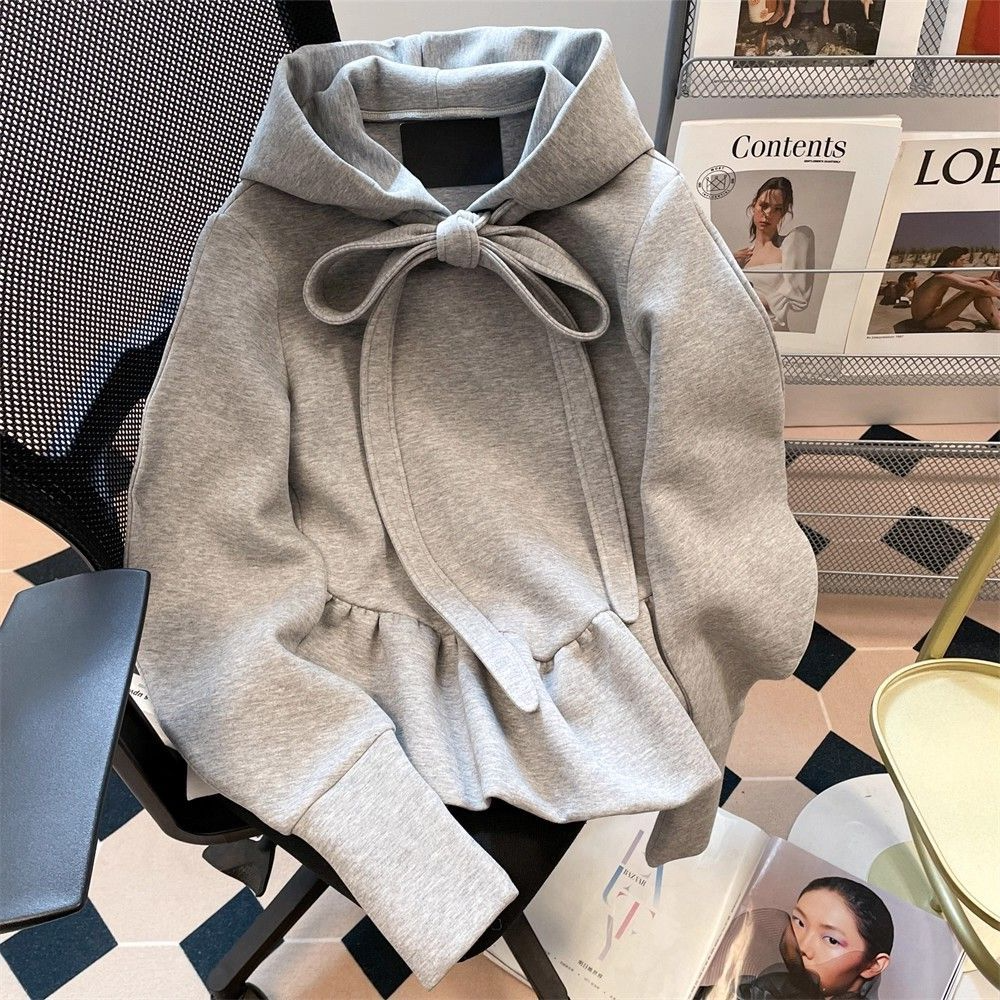 特大码300斤蝴蝶结灰色连帽长袖卫衣女宽松廓形花苞卫衣卫衣裙潮