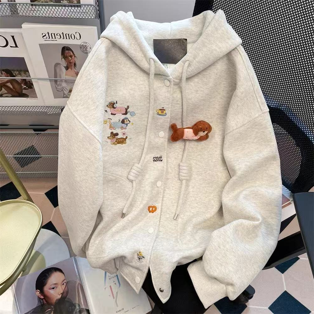 大码300斤慵懒风时尚开衫连帽潮流卫衣秋季韩式甜美立体狗狗上衣