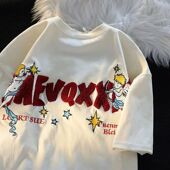 宽松休闲情侣上衣 t恤男女情侣大码 重磅纯棉美式 复古字母绣花短袖