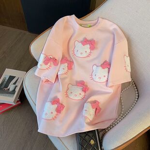 粉色蝴蝶结短袖 300斤情侣减龄胖mm上衣夏 T恤少女宽松猫咪刺绣大码