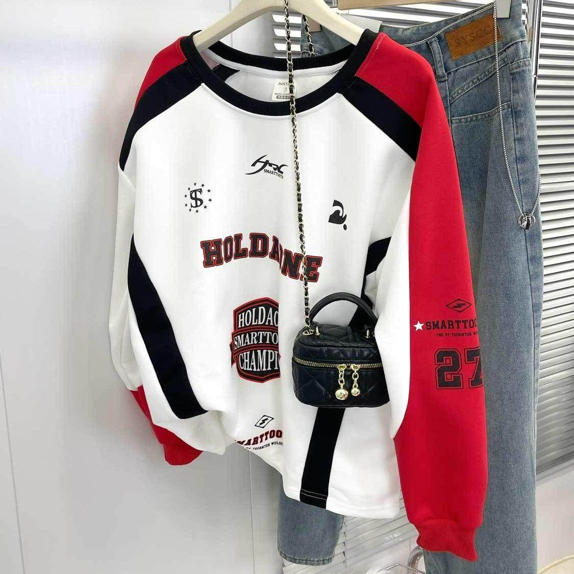 美式大码多色拼接圆领嘻哈卫衣宽松高街印花朋克穿搭休闲上衣