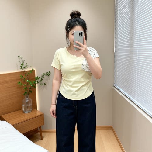 复古港式时尚修身显瘦短袖T恤女大码胖mm拼接波点小众减龄上衣