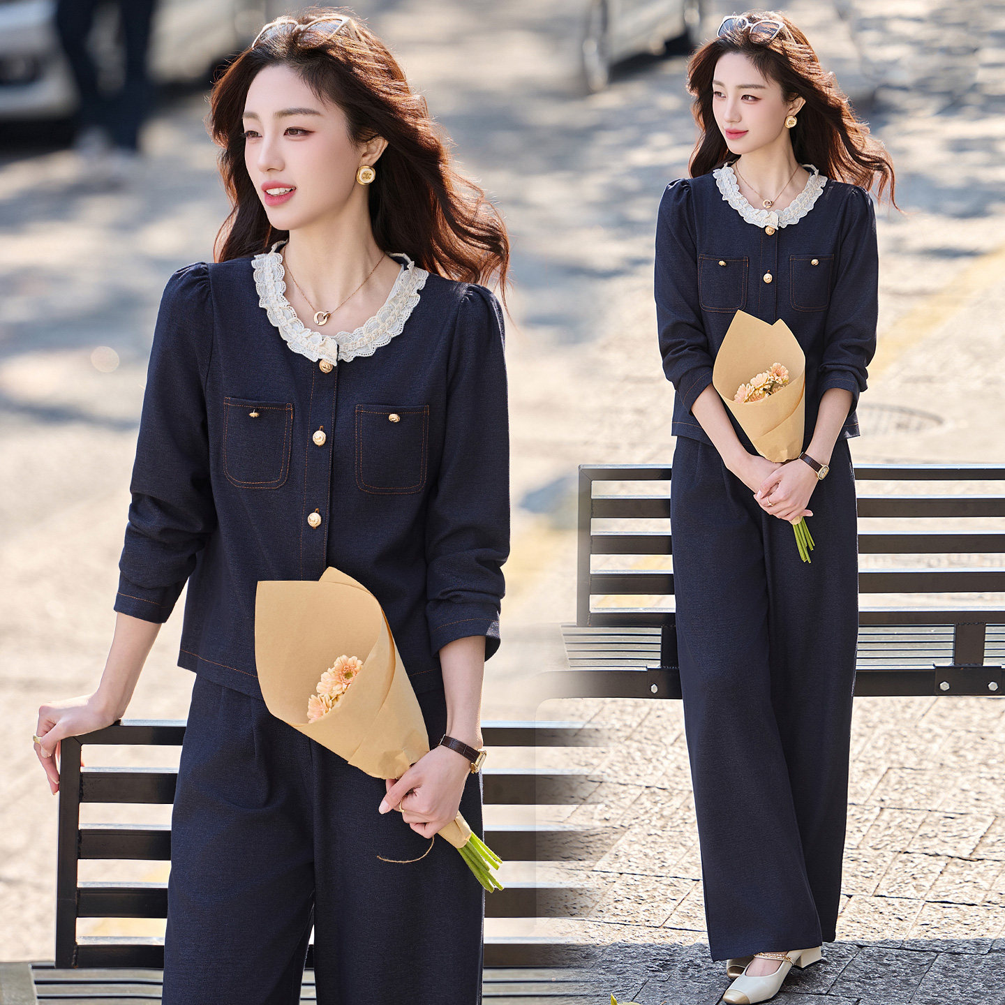 休闲运动套装女款爆款2026新款春秋牛仔小香风时尚一整套两件套