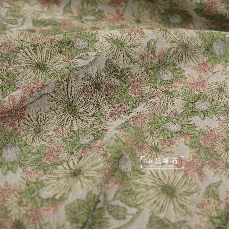 米白色底绿色粉色雏菊 粗旷油画风硬挺色织提花布料 半裙包包面料