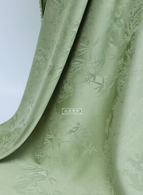 浅绿色仿真丝竹叶提花缎布料弹力旗袍衬衫新中式连衣裙民族风面料