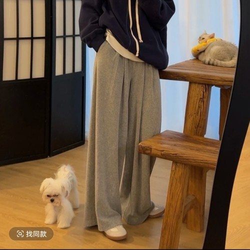 私服系列高端优可丝毛巾裤 秋冬松紧腰拖地感阔腿卫裤