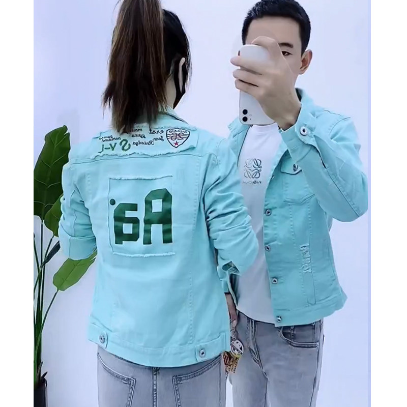 男装翻领春秋修身贴布牛仔衣