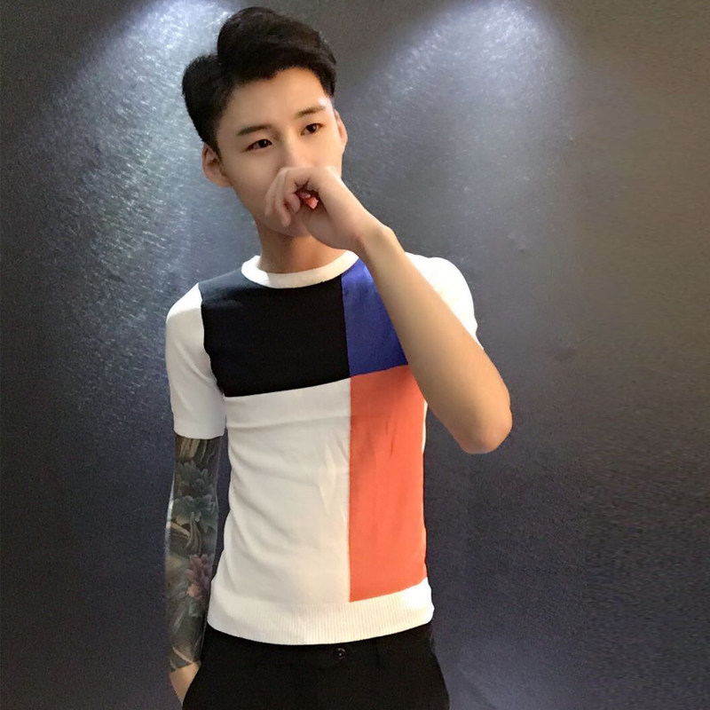 潮流拼色格子冰丝薄款快手针织衫