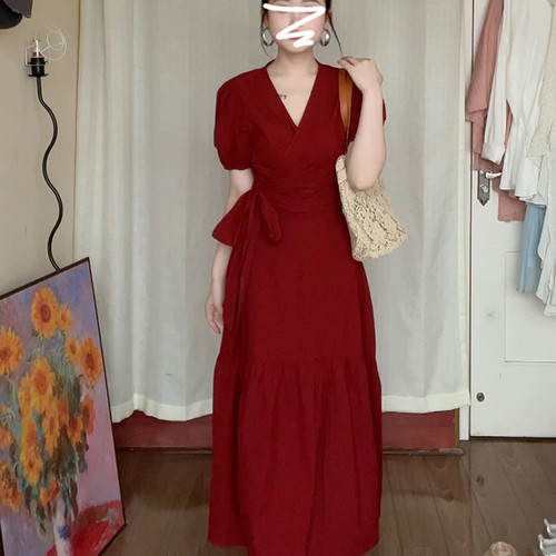 胖mm酒红色敬酒一片式开叉长裙女