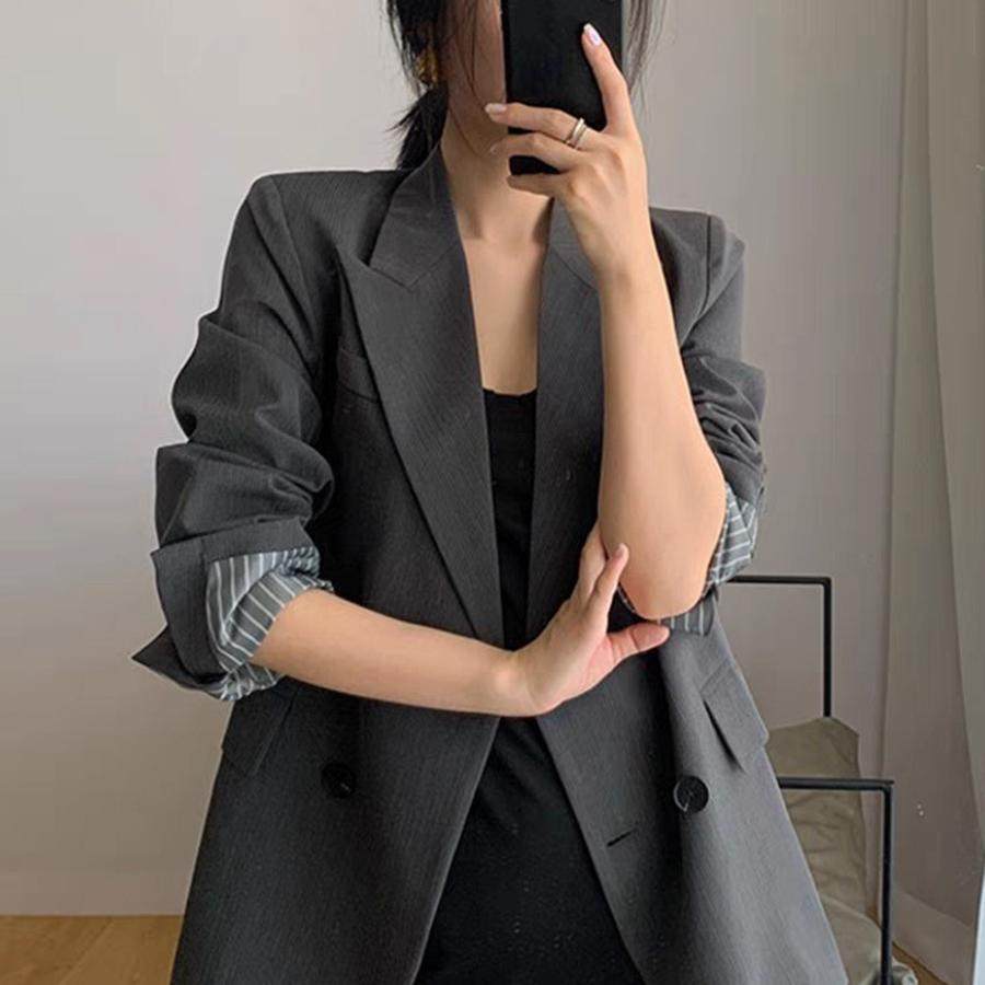 网红春秋小西装外套女大码女装胖MM200斤撞色织带海军领宽松西服