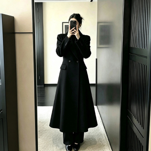 大码胖妹m赫本风呢子大衣女装秋冬新款高端显瘦长款过膝毛呢外套