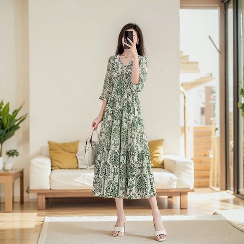 胖mm绿色中袖雪纺碎花连衣裙女