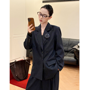 网红款大码时尚胖mm西服套装高级感休闲气质条纹西装阔腿裤两件套