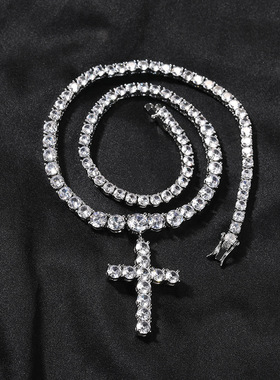 超闪锆石满钻十字架网球项链