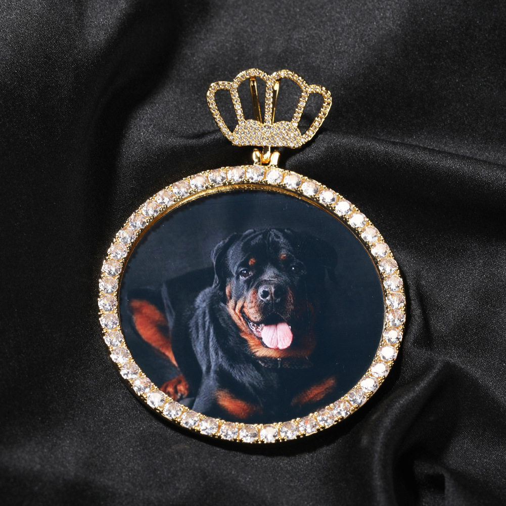 ICE BLING 皇冠大号圆形照片DIY吊坠项链 镶钻宠物照片定制相框