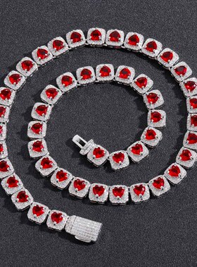 ICE BLING 大红色锆石爱心10MM冰糖项链 个性嘻哈潮流饰品欧美钻