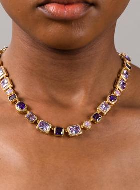 紫色锆石方圆可调节项链颈链