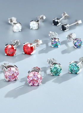 ICE BLING S925纯银D色莫桑钻单钻耳钉 简约彩色海蓝色黑色粉色潮